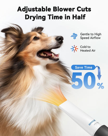 oneisall Dog Vacuum & Dryer for Shedding Grooming, 8 in 1 Dog Grooming Kit with Metal Blades Pet Clippers, Adjustable Speed and Temperature Control Dog Blower