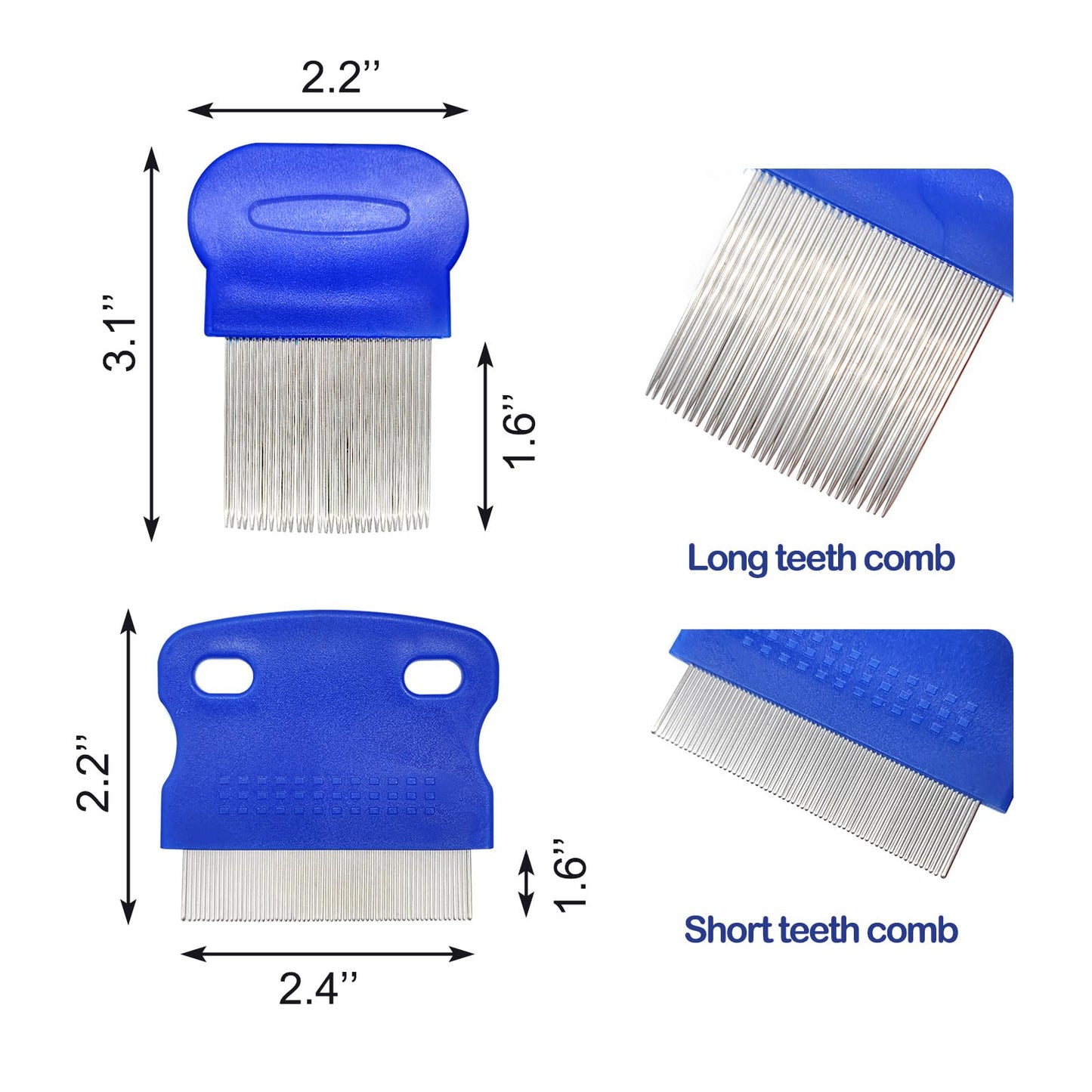 Qancekoo 4 Different Kinds of Flea Combs, Stainless Steel Round Teeth Dog Cat Lice Combs, Durable Fine Tooth Pet Tear Stain Remover Tool (Blue)