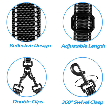 PetBonus Double Dog Leash, No Tangle Dual Leash, Reflective Walking Training Lead, 4 Comfortable Padded Handles for 2 Dogs with Collapsible Bowl and Waste Bags (Black, Large)