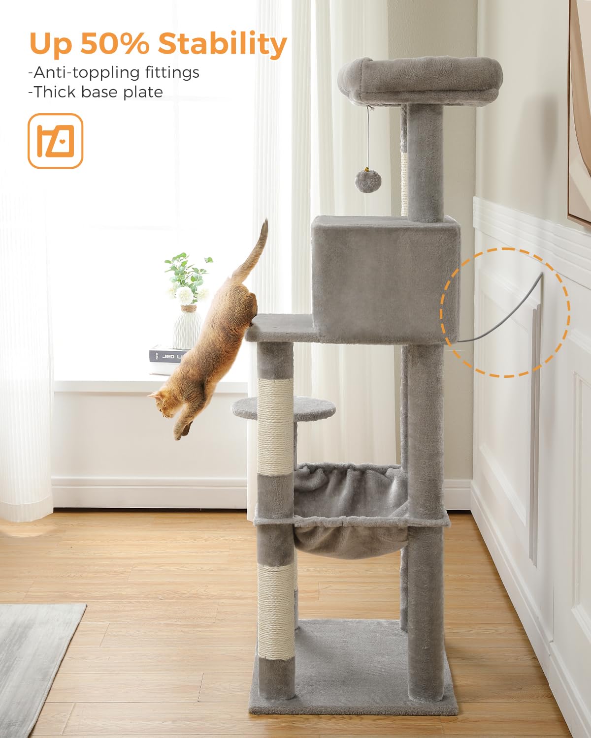 PEQULTI Cat Tree for Large Cats with Metal Frame Big Hammock, Cat Tower for Indoor Cats with 2 Door Condo House, [56.3"=143cm] Multi-Level Cat Shelves with Scratching Posts and Top Perch, Grey