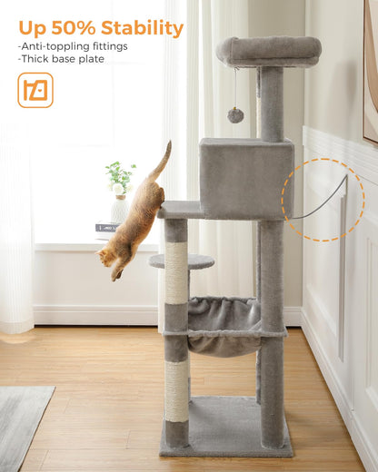 PEQULTI Cat Tree for Large Cats with Metal Frame Big Hammock, Cat Tower for Indoor Cats with 2 Door Condo House, [56.3"=143cm] Multi-Level Cat Shelves with Scratching Posts and Top Perch, Grey
