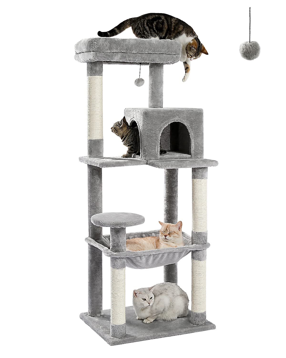 PEQULTI Cat Tree for Large Cats with Metal Frame Big Hammock, Cat Tower for Indoor Cats with 2 Door Condo House, [56.3"=143cm] Multi-Level Cat Shelves with Scratching Posts and Top Perch, Grey