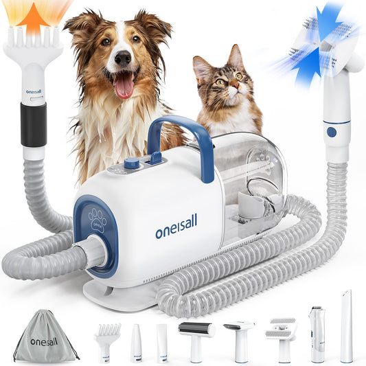 Oneisall Aspirateur et séchoir pour chiens, kit de toilettage 8 en 1 avec lames métalliques, tondeuse pour animaux, vitesse et température réglables.