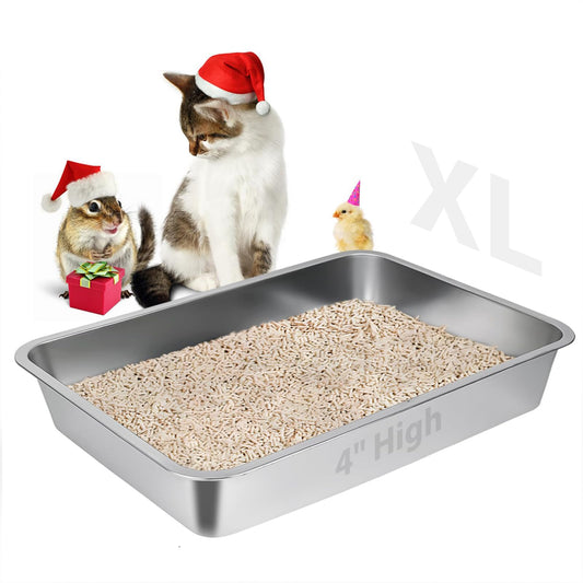Bac à litière en acier inoxydable LIHONG, grand bac à litière en métal pour petits chats, hamsters, lapins, sans odeur, antiadhésif, facile à nettoyer (23,5 L x 15,5 l x 4 H, L)