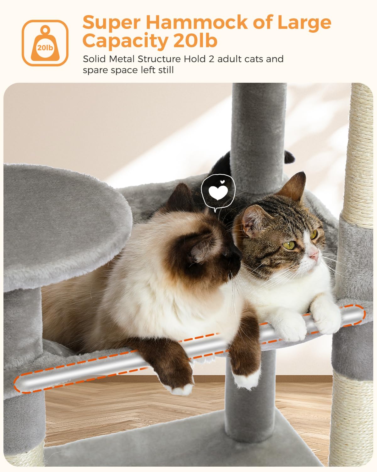 PEQULTI Cat Tree for Large Cats with Metal Frame Big Hammock, Cat Tower for Indoor Cats with 2 Door Condo House, [56.3"=143cm] Multi-Level Cat Shelves with Scratching Posts and Top Perch, Grey