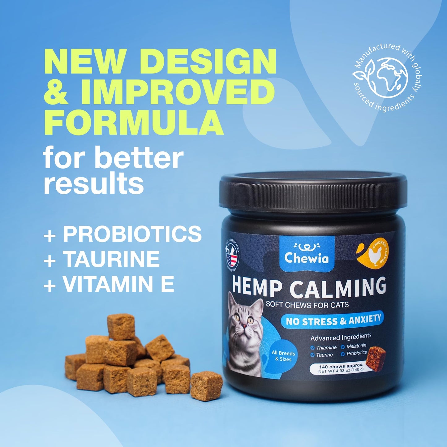 Hemp Cat Calming Treats - Probiotic Melatonin Soft Chews for Cat Anxiety Relief with Hemp Seed Oil - Calming Chews for Stress, Storms, Travel, Grooming, Separation Anxiety - Behavioural Support