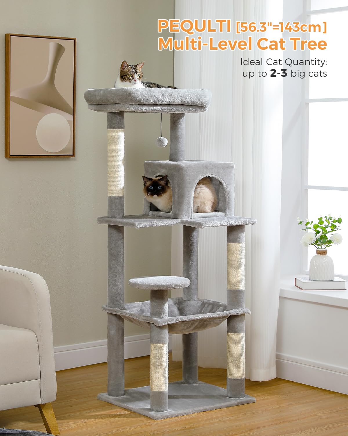 PEQULTI Cat Tree for Large Cats with Metal Frame Big Hammock, Cat Tower for Indoor Cats with 2 Door Condo House, [56.3"=143cm] Multi-Level Cat Shelves with Scratching Posts and Top Perch, Grey