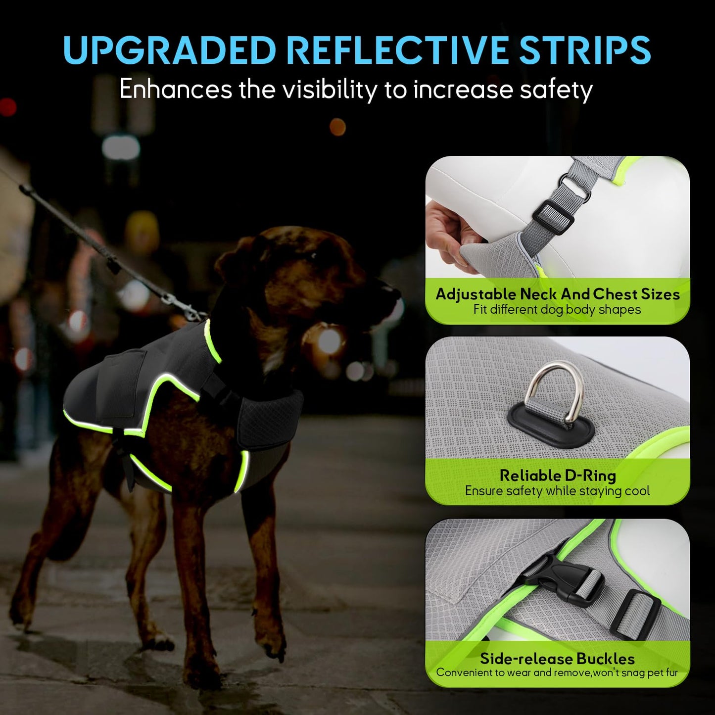 Gilet rafraîchissant Mora Pets pour chien avec packs de glace, veste rafraîchissante par évaporation, harnais d'été réglable avec anneau en D pour chiens de grande, moyenne et petite taille, gris, taille L