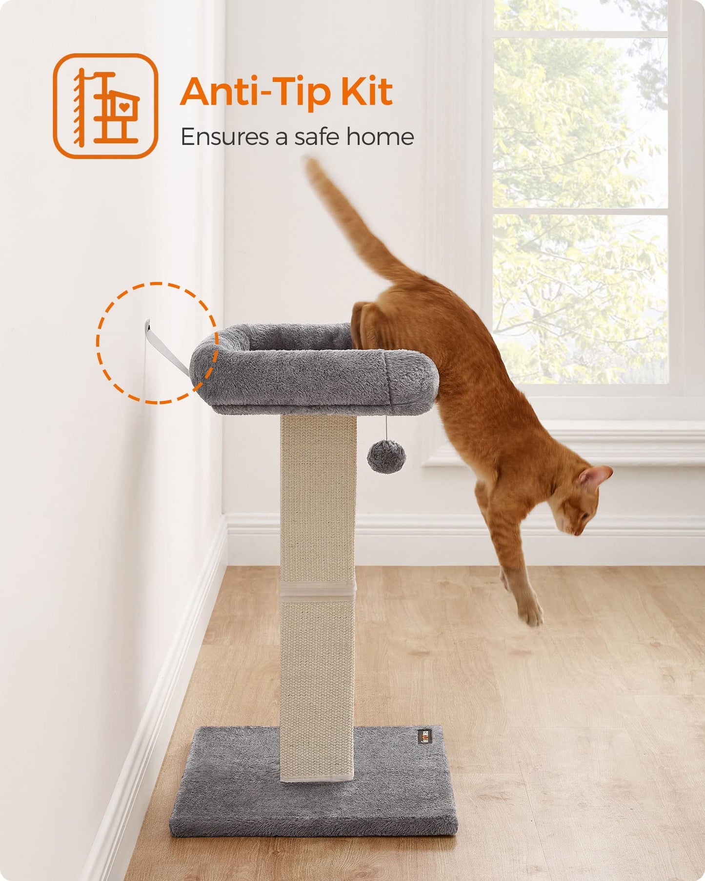 Arbre à chat Feandrea, griffoir avec perchoir supérieur, entièrement recouvert de sisal tissé, pompon, housse amovible et lavable, gris clair UPCA022W01