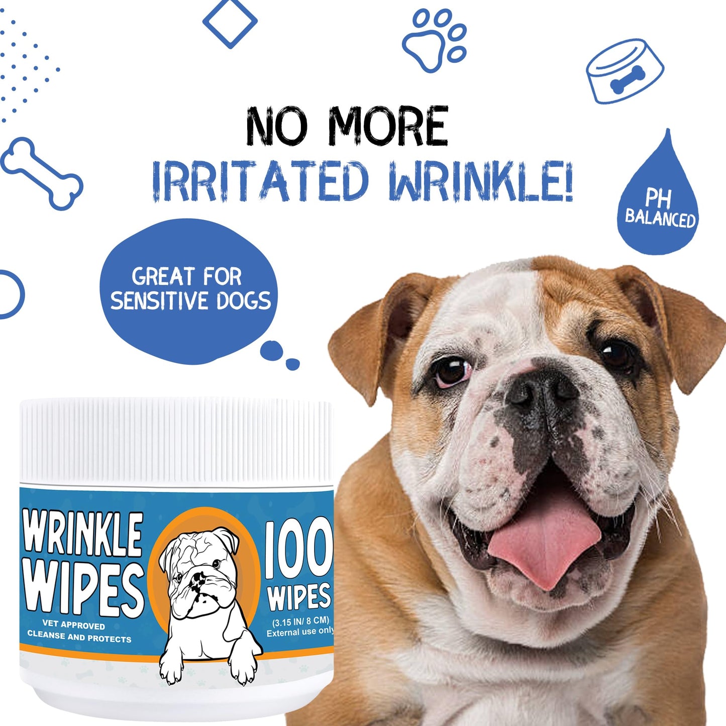 Spanielbuns Wrinkle Wipes for French Bulldog, Pugs, and More - 100ct Bio-Degradable Cleansing Wipes