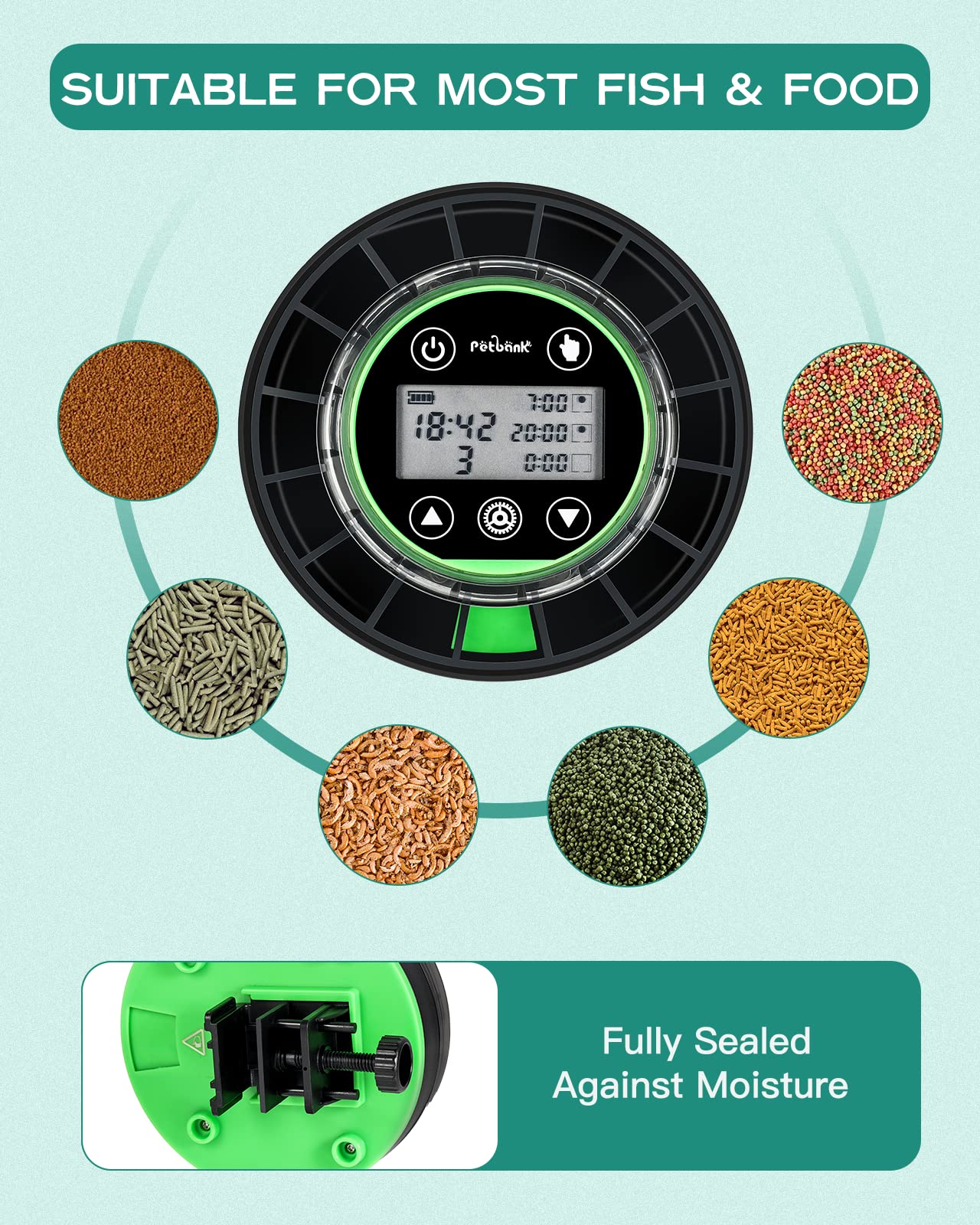 Petbank Automatic Fish Feeder for Aquarium - Auto Fish Food Dispenser Rechargeable for Fish Tank Vacation Fish Feeder Timer with USB Charger Cable