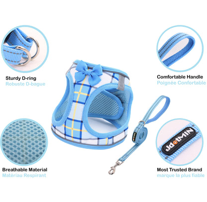 JdotMIN Plaid Step-in Dog Harness and Leash Set, for Small Dog and Cat Vest Harness No Pull, Escape Proof, for Walking Puppy and Kitten, for Travel and Car, Harnais Pour Chien (Blue, XXS)