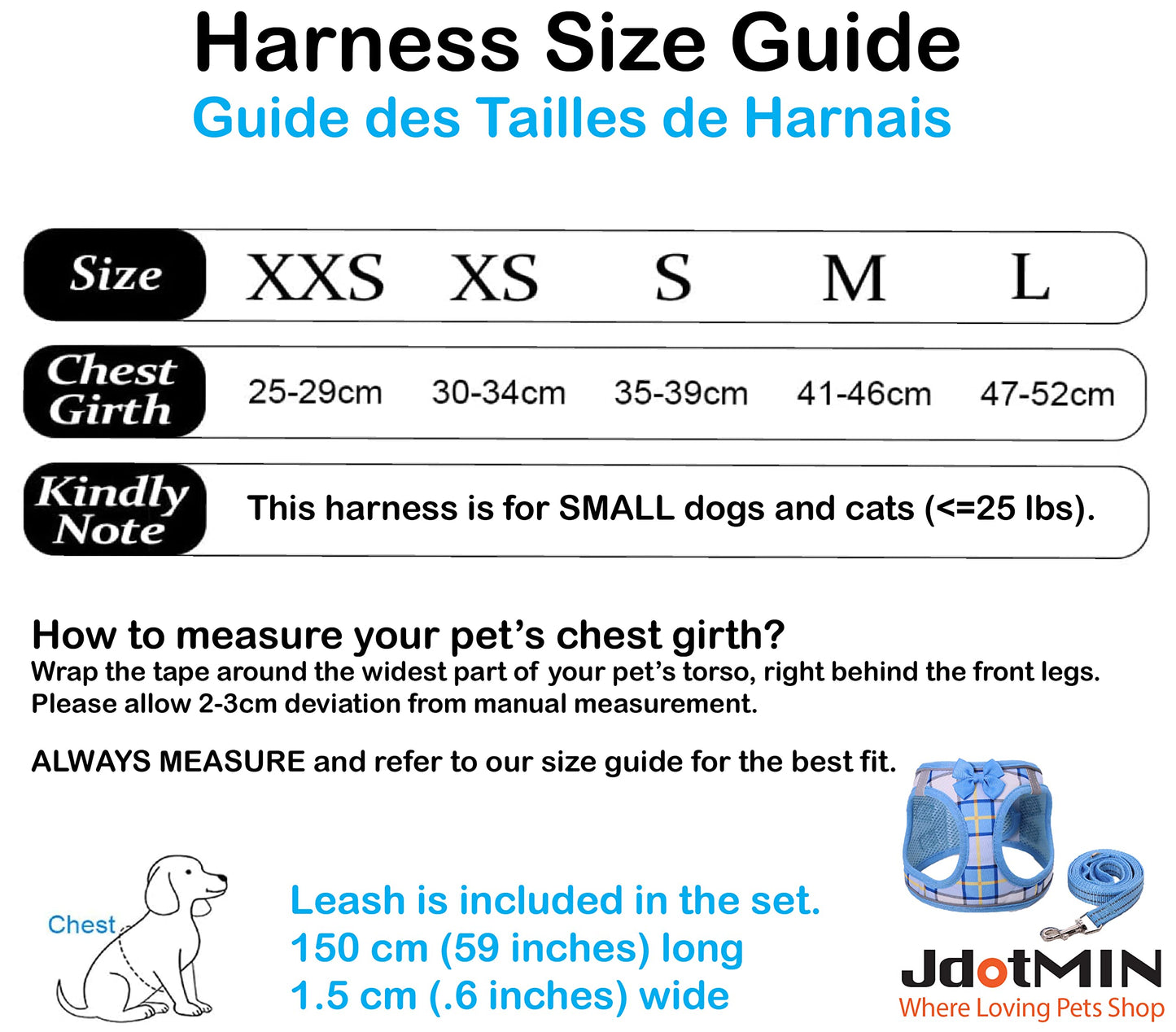JdotMIN Plaid Step-in Dog Harness and Leash Set, for Small Dog and Cat Vest Harness No Pull, Escape Proof, for Walking Puppy and Kitten, for Travel and Car, Harnais Pour Chien (Blue, XXS)
