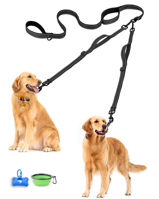 PetBonus Double Dog Leash, No Tangle Dual Leash, Reflective Walking Training Lead, 4 Comfortable Padded Handles for 2 Dogs with Collapsible Bowl and Waste Bags (Black, Large)