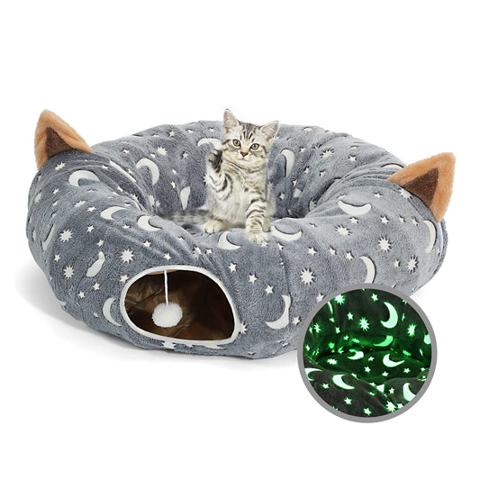 LUCKITTY Tunnel pour chat avec coussin et balle en peluche, jouet pour aire de jeux, tissu en flanelle auto-lumineux et pliable, 90 cm, pour grands chats, chatons, petits animaux, chiots, gris, lune et étoile