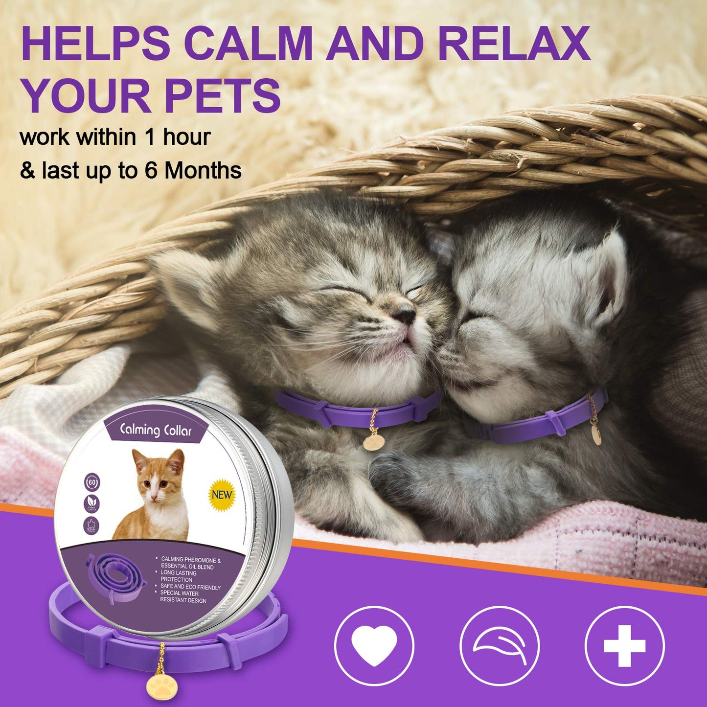 Collier apaisant pour chat, réglable, parfum lavande, avec 2 pendentifs, pour chiots, réduit le stress, l'agression et l'anxiété, jusqu'à 38 cm (violet, doré)