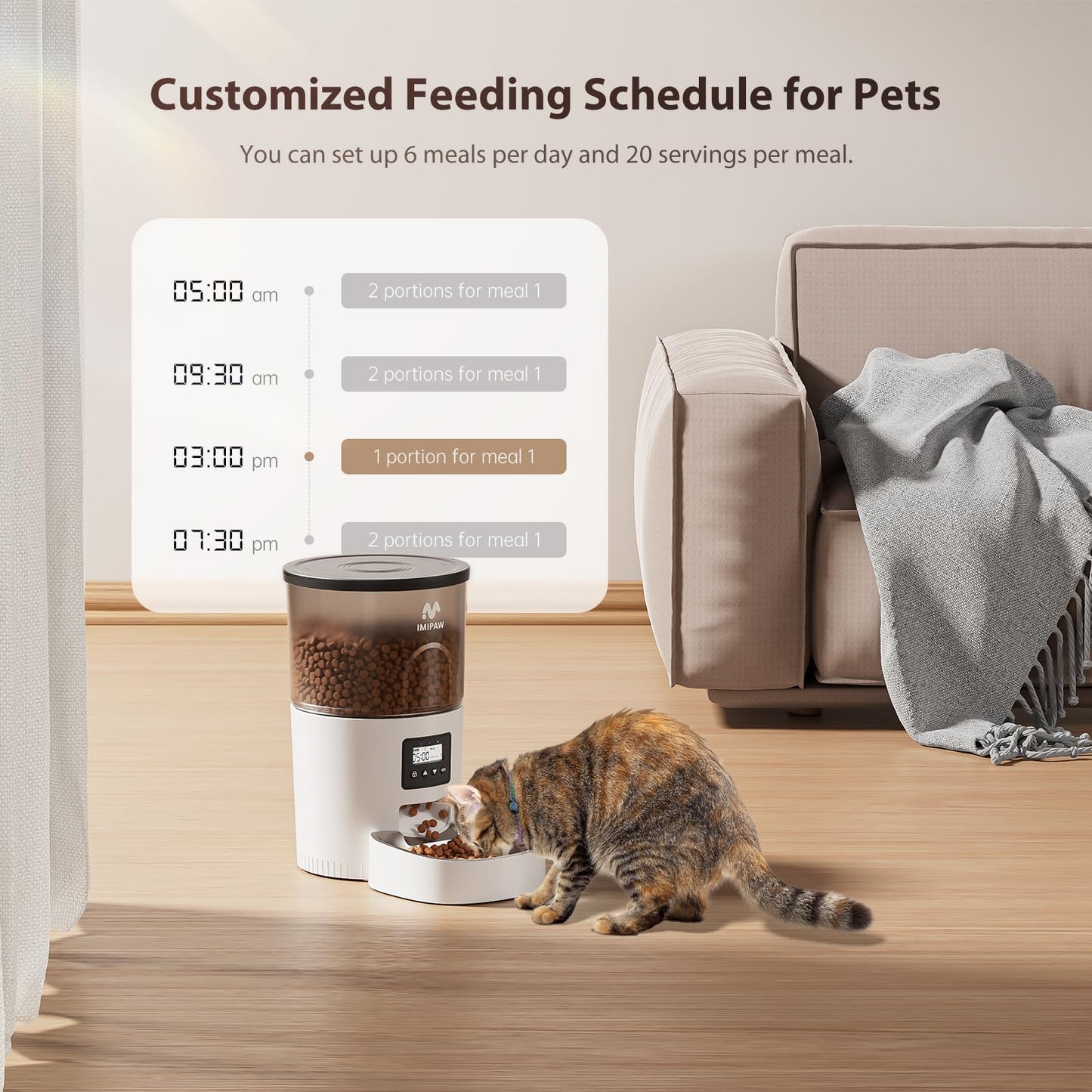 IMIPAW Automatic Cat Feeders, 3L Timed Cat Dry Food Dispenser with Anti-Clogging Design, Auto Pet Feeder for Cats and Dogs, 1-6 Meals Per Day