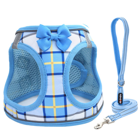 JdotMIN Ensemble harnais et laisse pour chien à carreaux, pour petit chien et chat, harnais gilet anti-traction, anti-fuite, pour promener chiot et chaton, pour voyage et voiture, harnais pour chien (bleu, XXS)