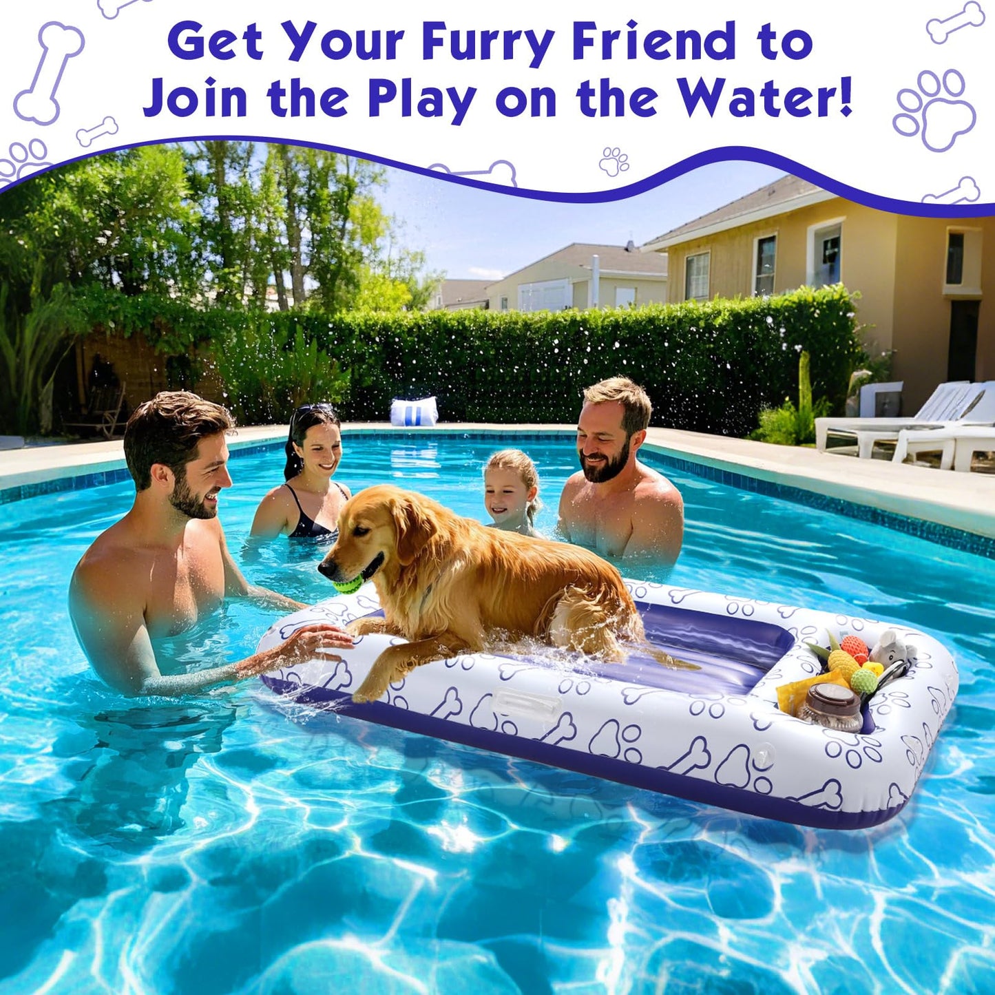 MoKo Dog Pool Float, 59 x 35 Inch Pool Floats for Small, Medium and Large Dogs, Floating Bed with Built-in Storage Area for Pet Toys and Food, Inflatable Dog Pool Float for Lake Camp, Blue Bone Claw