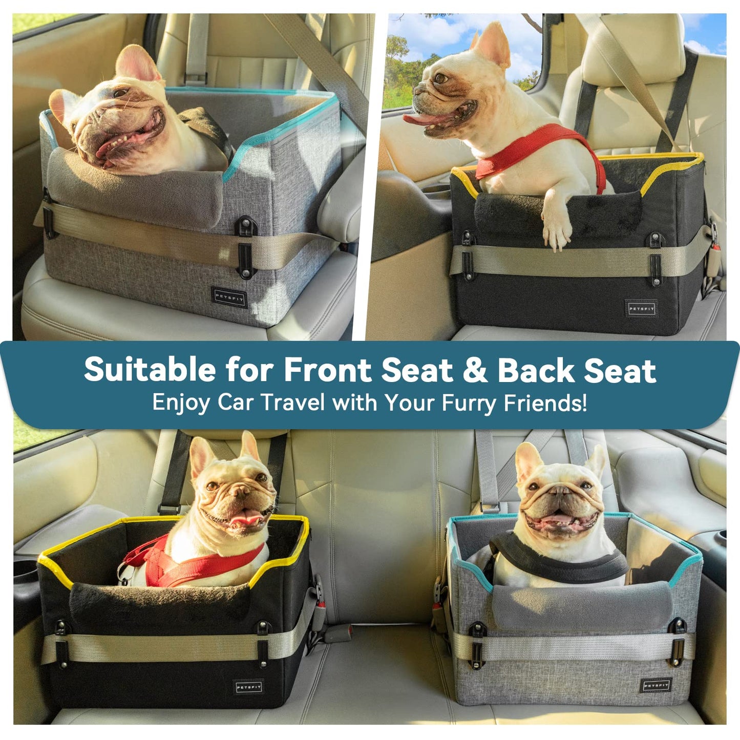 PETSFIT Dog Car Seats for Small Dogs, Portable Dog Booster Car Seat with Patent Safe Buckles, Clip-On Leash, Suitable for Small Pets Up to 25lbs (Grey)
