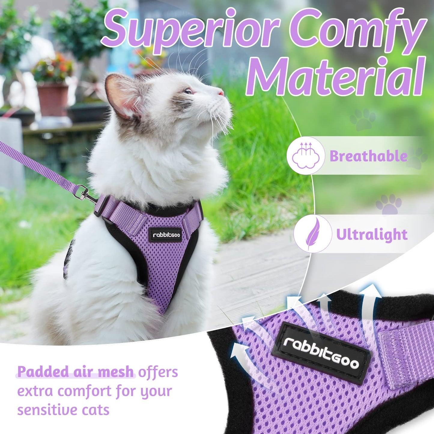 rabbitgoo Cat Harness and Leash for Walking, Escape Proof Soft Adjustable Vest Harnesses for Small Medium Cats, Easy Control Breathable Reflective Strips Jacket, XXS, Light Purple