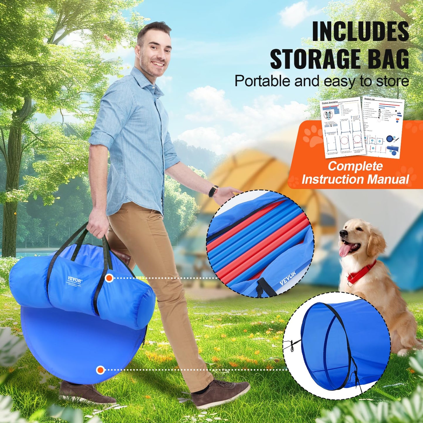 VEVOR Dog Agility Training Equipment, 5 PCS Set with Adjustable High Hurdles,6 Weave Poles, Tunnel, Jump Ring, Pause Box, Whistle, Foldable Bowl, Puppy Obstacle Course Kit with Storage Bags
