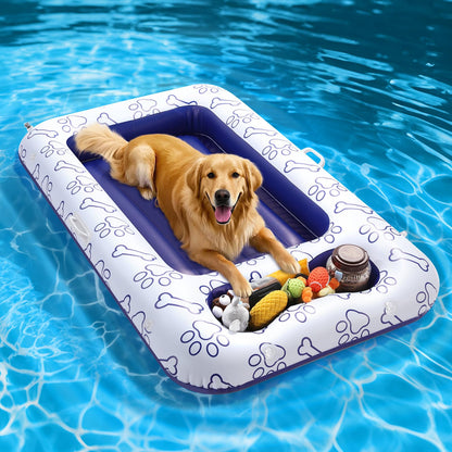 MoKo Dog Pool Float, 59 x 35 Inch Pool Floats for Small, Medium and Large Dogs, Floating Bed with Built-in Storage Area for Pet Toys and Food, Inflatable Dog Pool Float for Lake Camp, Blue Bone Claw