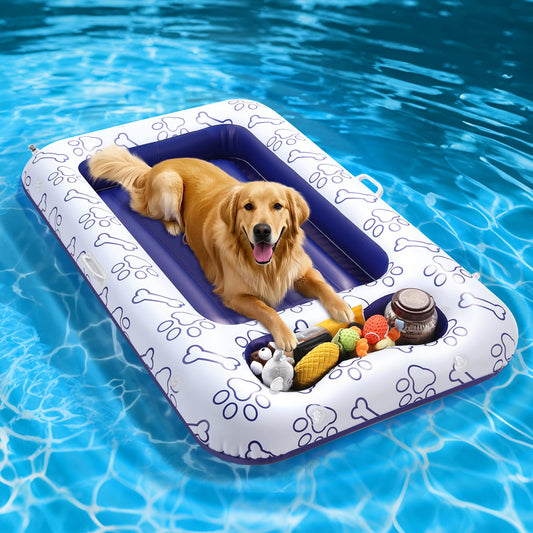 Flotteur de piscine pour chien MoKo, 140 x 89 cm, pour petits, moyens et grands chiens, lit flottant avec rangement intégré pour jouets et nourriture, flotteur gonflable pour camping au bord du lac, Blue Bone Claw