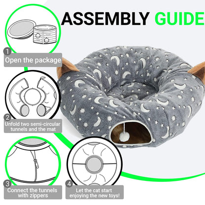LUCKITTY Cat Tunnel Bed Tube with Cushion and Plush Ball Toy Playground Crinkle Collapsible Self-Luminous Flannel Fabric 3FT for Large Cats Kittens Kitty Small Animals Puppy Grey Moon Star