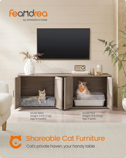 Bac à litière double moderne Feandrea, dissimulé pour 2 chats, entrée principale, niche pour chat, table d'appoint, meuble TV, 150 x 48 x 49,5 cm, Heather Griege