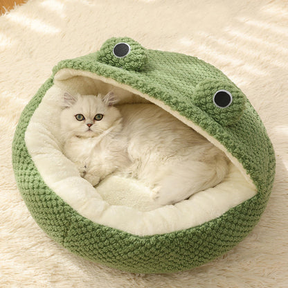 Pet Bed Dog Bed Cat Bed Frog Cat Bed Long Plush Winter Autumn Thermal Cute Cartoon Non-Slip Pet Bed Detachable Insert Soft Dampproof Cat Bed, Round with Half Roof