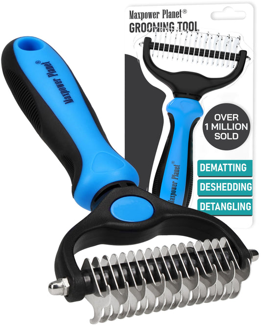 Brosse de toilettage pour animaux Maxpower Planet - Brosse double face pour démêlage et perte de poils - Brosse de toilettage pour chiens - Brosse de démêlage pour chiens - Brosse pour chiens et chats - Réduit la perte de poils de 95 %, Bleu