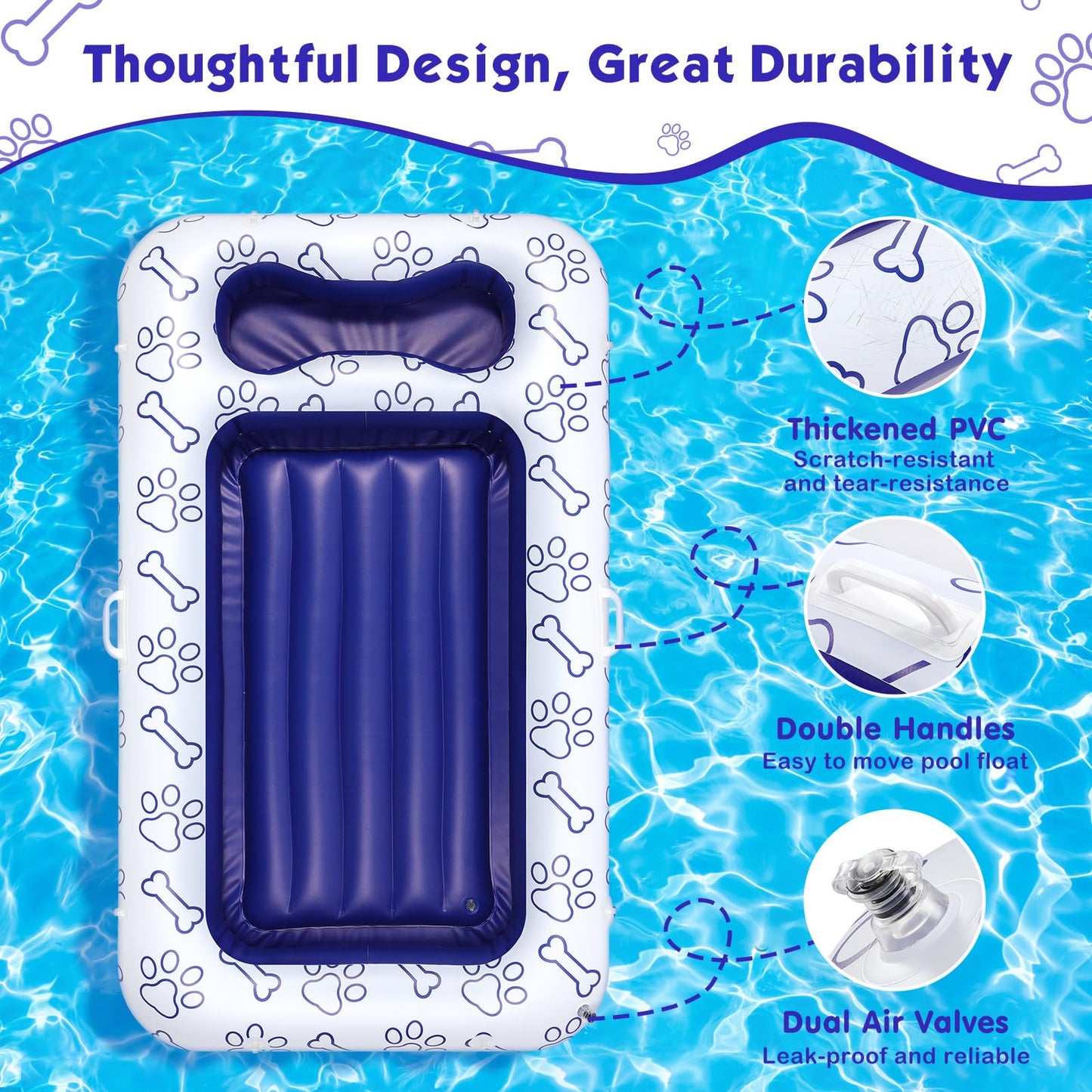 MoKo Dog Pool Float, 59 x 35 Inch Pool Floats for Small, Medium and Large Dogs, Floating Bed with Built-in Storage Area for Pet Toys and Food, Inflatable Dog Pool Float for Lake Camp, Blue Bone Claw