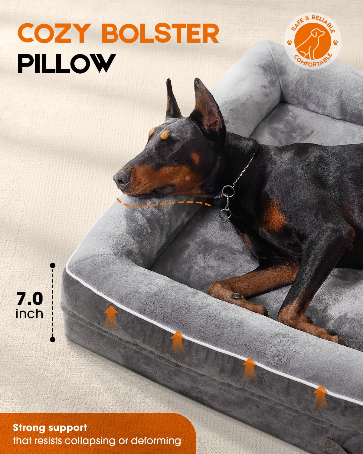 Large Orthopedic Dog Bed, Egg Foam Dog Couch with Removable Washable Cover, Waterproof Pet Sofa Bed with Non-Slip Bottom and Four-Sided Bolster Cushion, Gray Dog Beds for Large Sized Dog