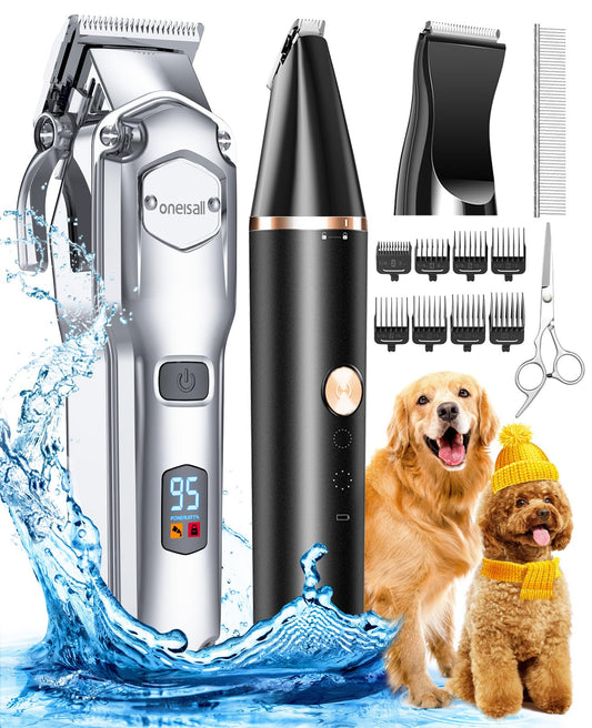 Oneisall Kit de toilettage pour chiens à poils épais et lourds/Rasoir sans fil rechargeable et silencieux avec lame en acier inoxydable et tondeuse pour pattes de chien/Rasoir étanche pour chiens et animaux de compagnie