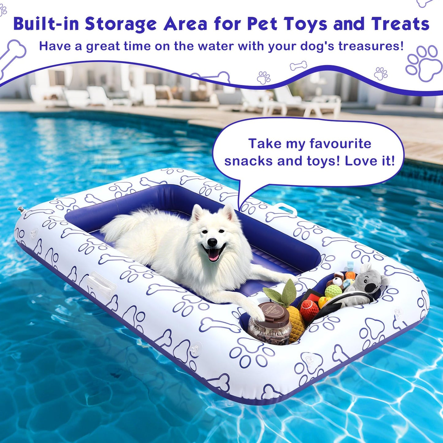 MoKo Dog Pool Float, 59 x 35 Inch Pool Floats for Small, Medium and Large Dogs, Floating Bed with Built-in Storage Area for Pet Toys and Food, Inflatable Dog Pool Float for Lake Camp, Blue Bone Claw