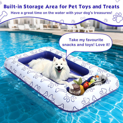 MoKo Dog Pool Float, 59 x 35 Inch Pool Floats for Small, Medium and Large Dogs, Floating Bed with Built-in Storage Area for Pet Toys and Food, Inflatable Dog Pool Float for Lake Camp, Blue Bone Claw
