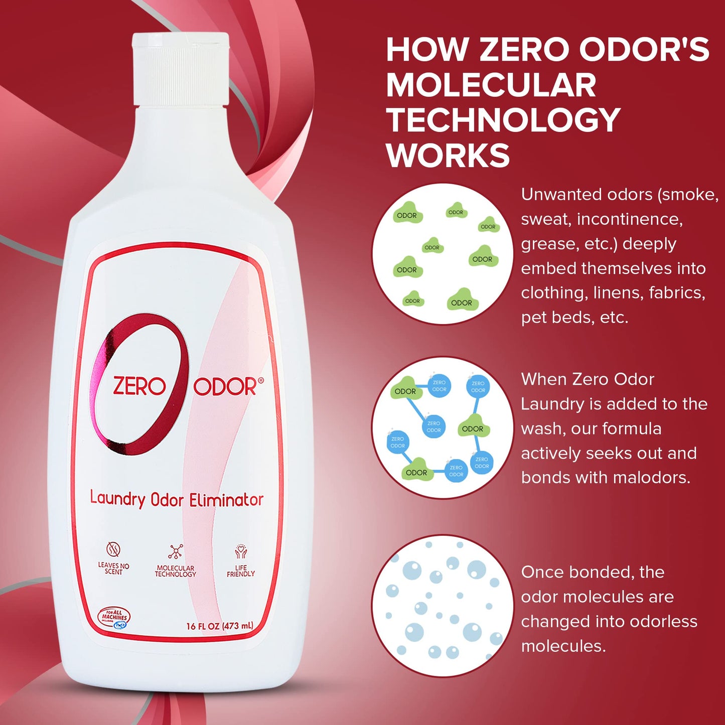 Zero Odor - Laundry Odor Eliminator & Deodorizer - Great for Pet Bedding & Clothes - Concentrate (3-Pack, 16oz)