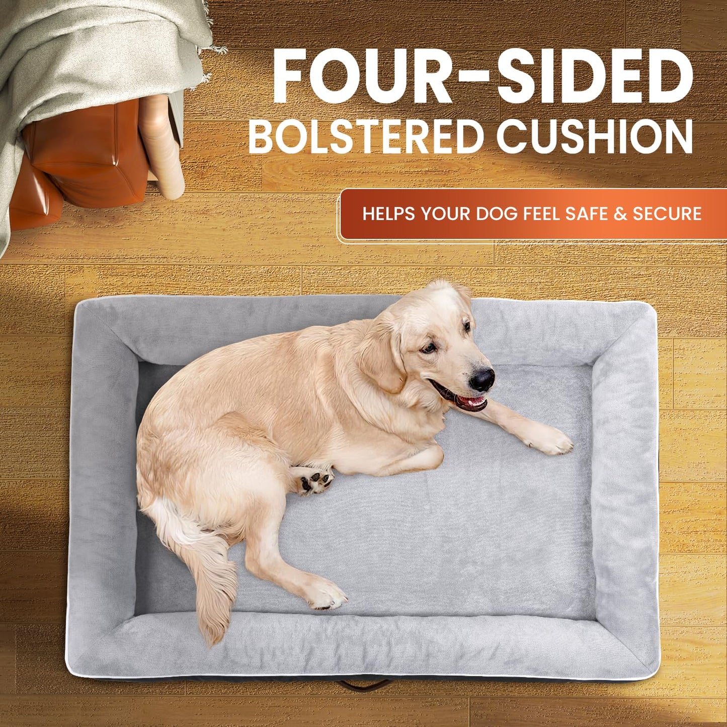 Large Orthopedic Dog Bed, Egg Foam Dog Couch with Removable Washable Cover, Waterproof Pet Sofa Bed with Non-Slip Bottom and Four-Sided Bolster Cushion, Gray Dog Beds for Large Sized Dog
