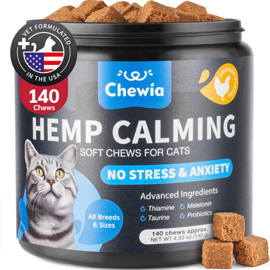 Hemp Cat Calming Treats - Probiotic Melatonin Soft Chews for Cat Anxiety Relief with Hemp Seed Oil - Calming Chews for Stress, Storms, Travel, Grooming, Separation Anxiety - Behavioural Support