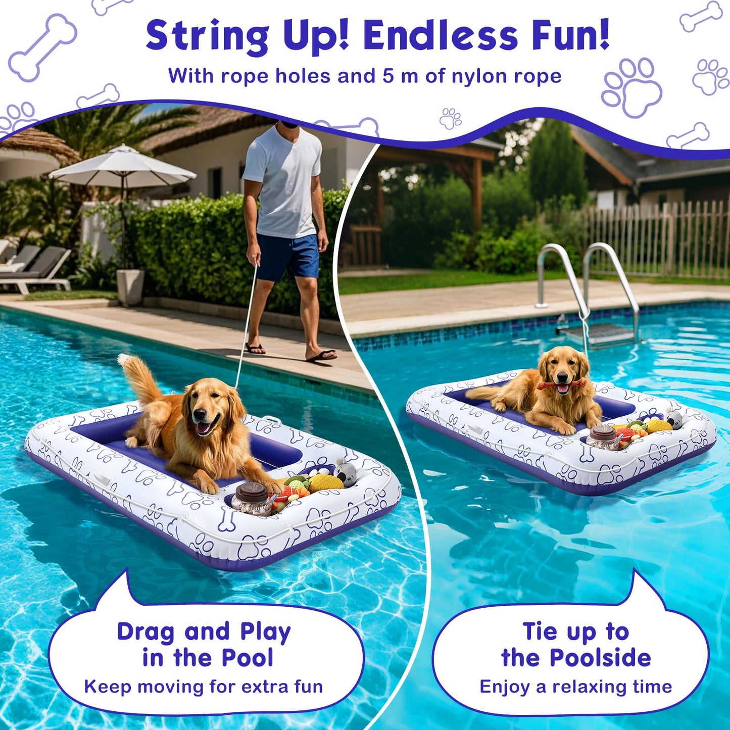 MoKo Dog Pool Float, 59 x 35 Inch Pool Floats for Small, Medium and Large Dogs, Floating Bed with Built-in Storage Area for Pet Toys and Food, Inflatable Dog Pool Float for Lake Camp, Blue Bone Claw