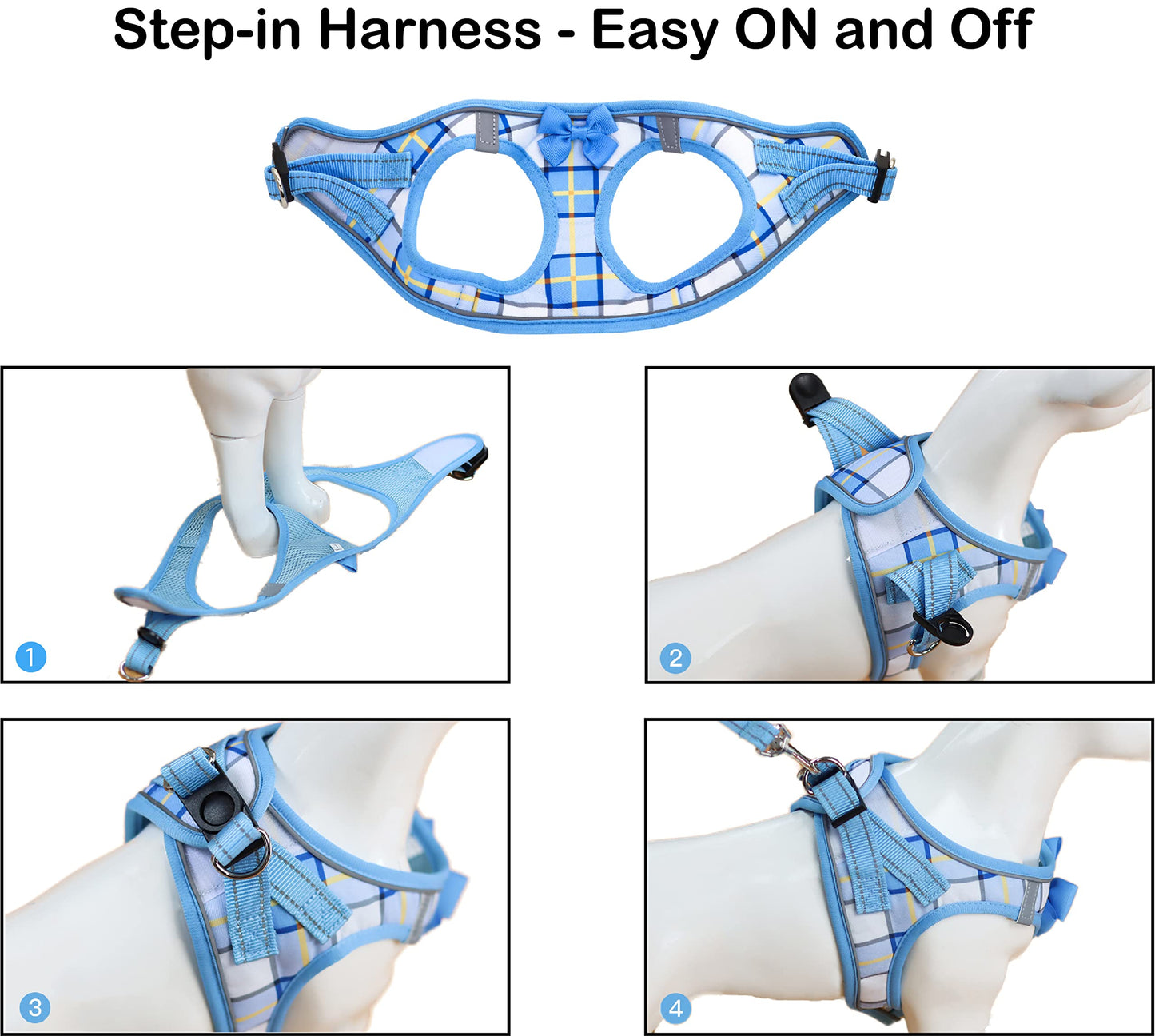 JdotMIN Plaid Step-in Dog Harness and Leash Set, for Small Dog and Cat Vest Harness No Pull, Escape Proof, for Walking Puppy and Kitten, for Travel and Car, Harnais Pour Chien (Blue, XXS)