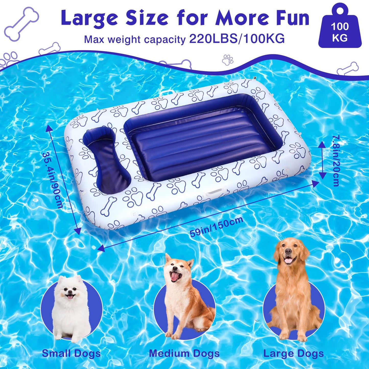 MoKo Dog Pool Float, 59 x 35 Inch Pool Floats for Small, Medium and Large Dogs, Floating Bed with Built-in Storage Area for Pet Toys and Food, Inflatable Dog Pool Float for Lake Camp, Blue Bone Claw
