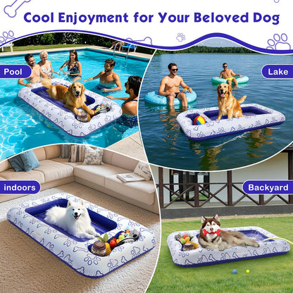 MoKo Dog Pool Float, 59 x 35 Inch Pool Floats for Small, Medium and Large Dogs, Floating Bed with Built-in Storage Area for Pet Toys and Food, Inflatable Dog Pool Float for Lake Camp, Blue Bone Claw