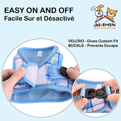 JdotMIN Plaid Step-in Dog Harness and Leash Set, for Small Dog and Cat Vest Harness No Pull, Escape Proof, for Walking Puppy and Kitten, for Travel and Car, Harnais Pour Chien (Blue, XXS)
