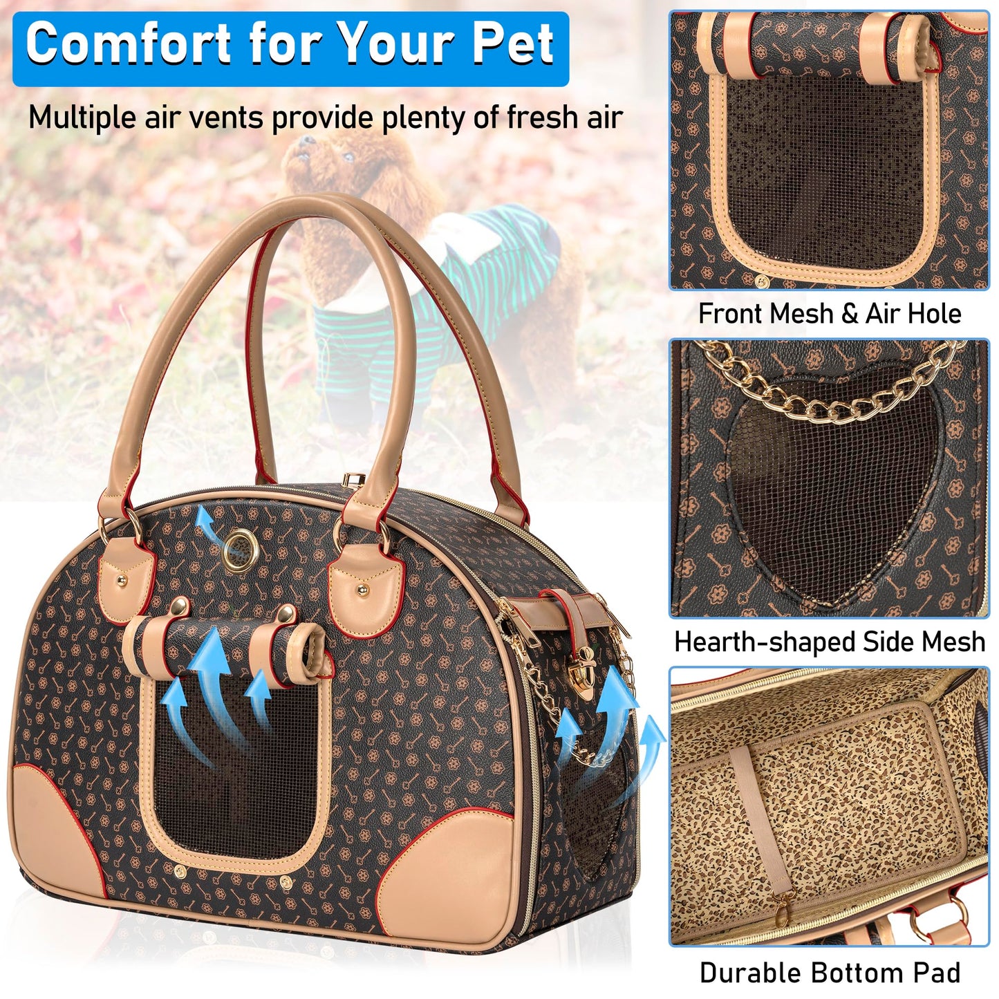 TORIBIO Luxury Pet Travel Carrier, Foldable Small Dog Cat Carrier Bag Fashion Soft-Sided Pet Carrier Tote Bags Waterproof PU Leather Carrying Handbag for Outdoor Travel Walking Hiking Shopping, L